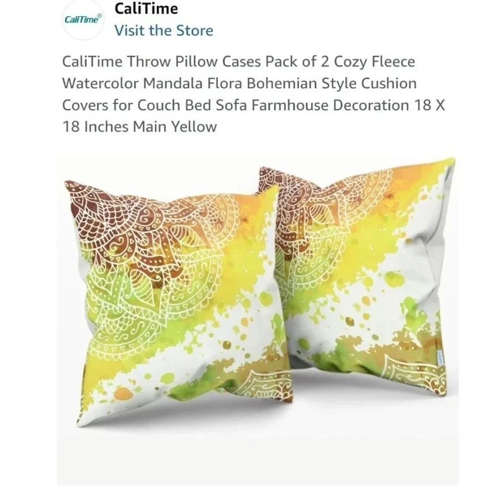 Set Of 2 CaliTime Decorative Throw Pillows Yellow Colorful Mandala Boho 18